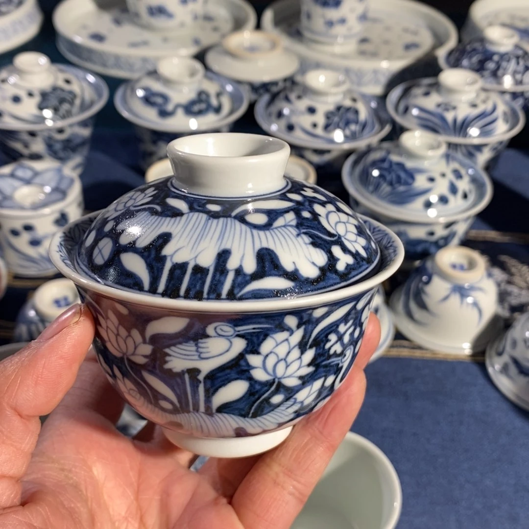 清仓特价手绘一鹭元宝盖碗