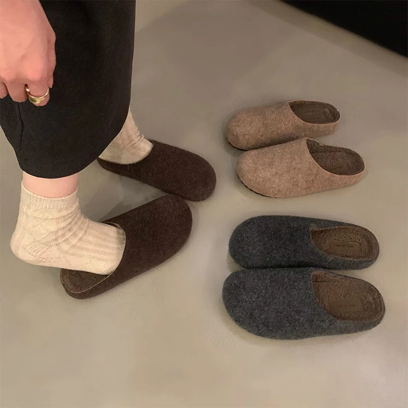复古圆头毛毡包头半拖鞋女秋冬外穿棉鞋懒人一脚蹬厚底加绒勃肯鞋