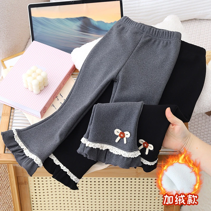 女童秋款薄绒微喇裤儿童法式蕾丝木耳边打底裤加绒卡通蝴蝶结长裤