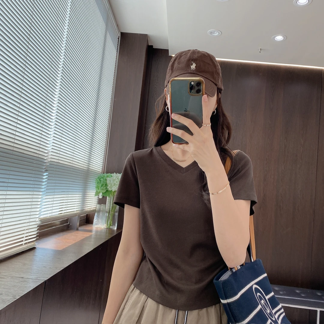 IMFLY金小金自制女装 莱赛尔T恤DYW9277收腰抽褶V领显瘦短上衣女