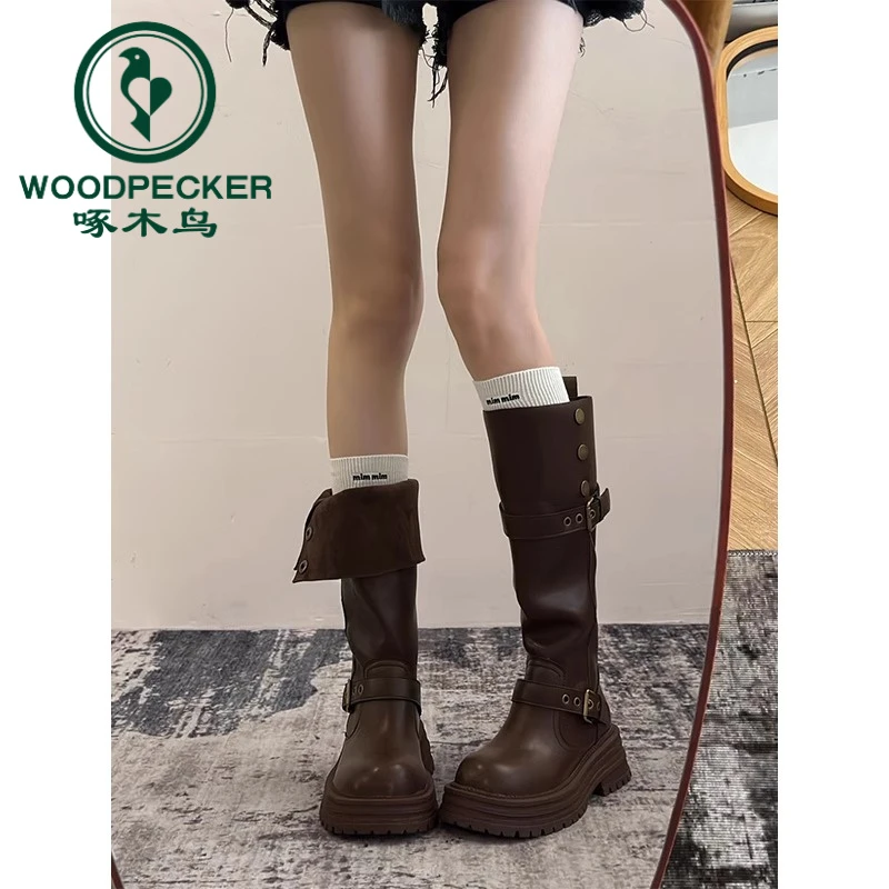 黑色复古英伦风粗跟长筒靴女2024秋冬新款长靴显瘦骑士靴