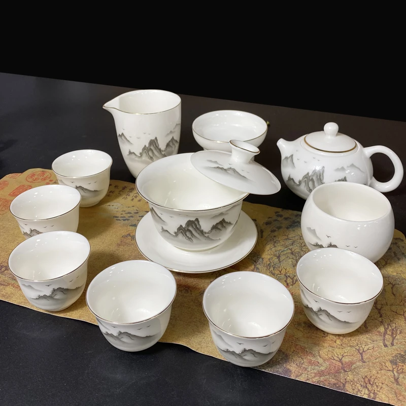 水墨千里江山茶壶茶具套装大号悬停盖碗陶瓷家用功夫泡茶杯