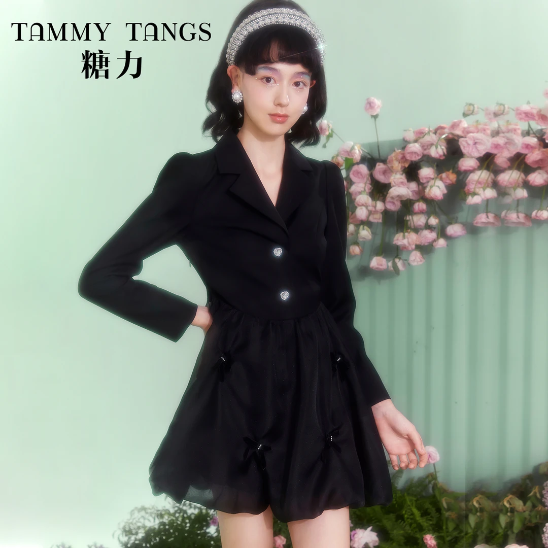 糖力欧根纱灯笼裙摆西装连衣裙