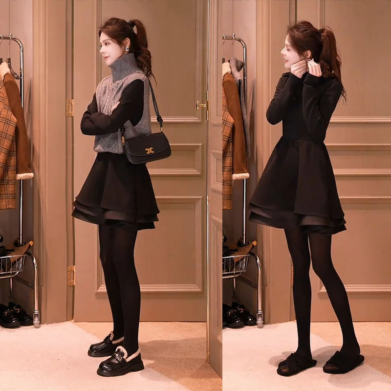 冬季穿搭一整套女2025新款气质显瘦连衣裙复古时尚针织马甲两件套