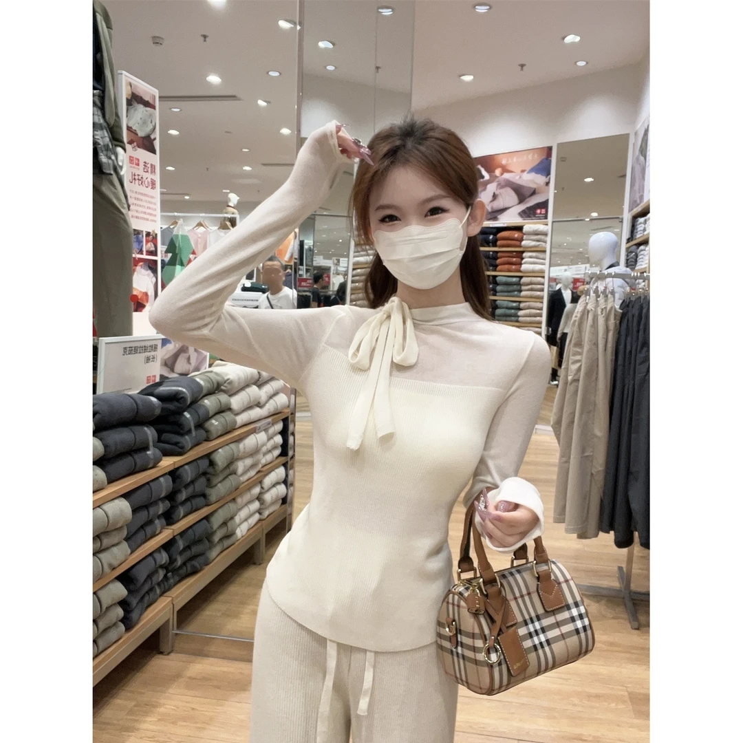 早秋季新款新韩版纯欲透视拼接系带修身6羊毛针织衫打底衫毛衣女