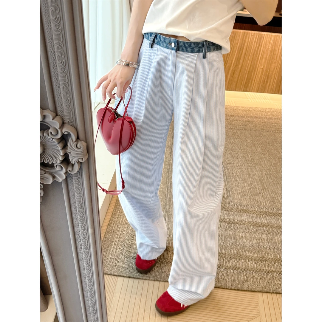 谢荞荞「条纹大王裤」春夏新款A*W高腰腰部拼接牛仔条纹阔腿牛仔裤