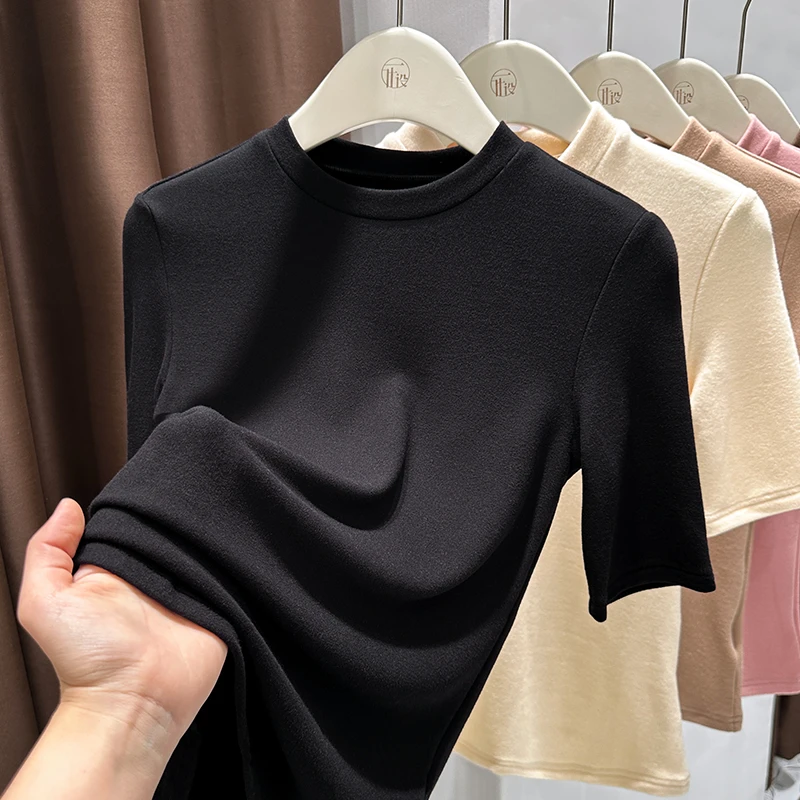 圆领黑色短袖T恤打底衫上衣女2025春秋双面德绒磨毛新款正肩小衫