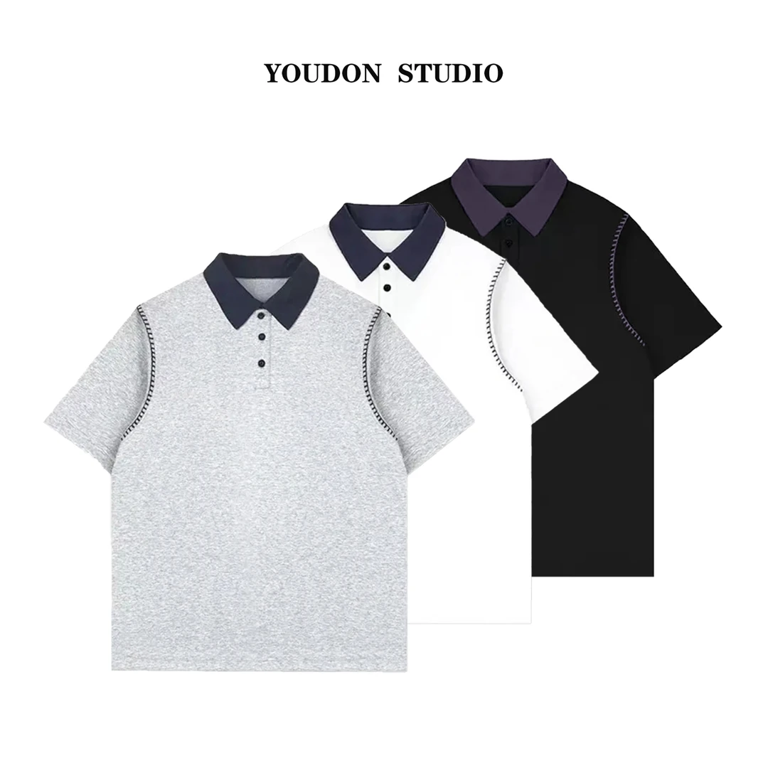 夏季新款明线拼接撞色翻领polo衫短袖百搭休闲宽松透气简约66302