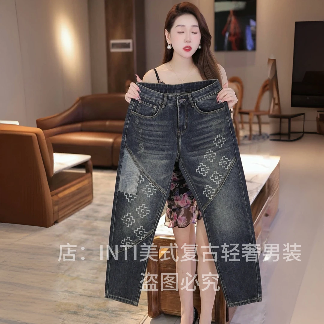 INTI秋冬高端拼接印花复古原创男士宽松牛仔裤直筒阔腿裤大裤脚潮