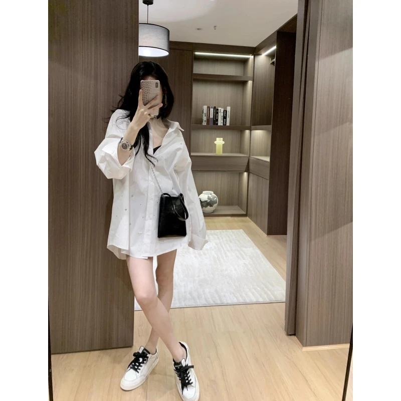 2025秋季新款白色烫钻衬衫女韩系休闲宽松慵懒衬衣高级感长袖上衣