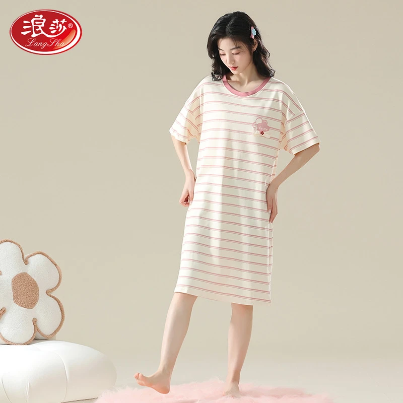 浪莎夏季女士睡裙2025年新款100%纯棉7A抗菌中长款家居裙女款套头
