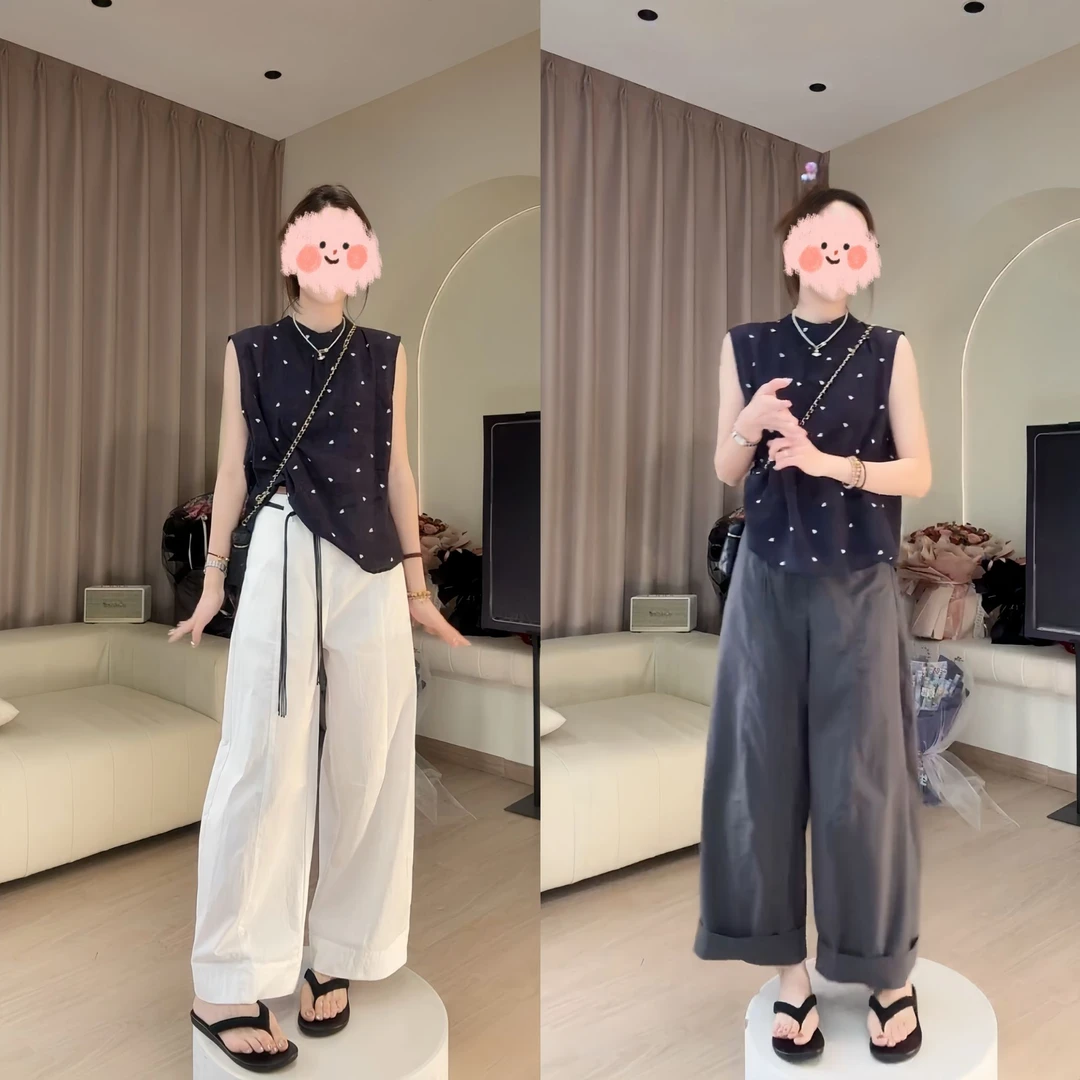 2025夏季新款韩系显瘦休闲时尚简约上衣+宽松百搭阔腿裤两套装女