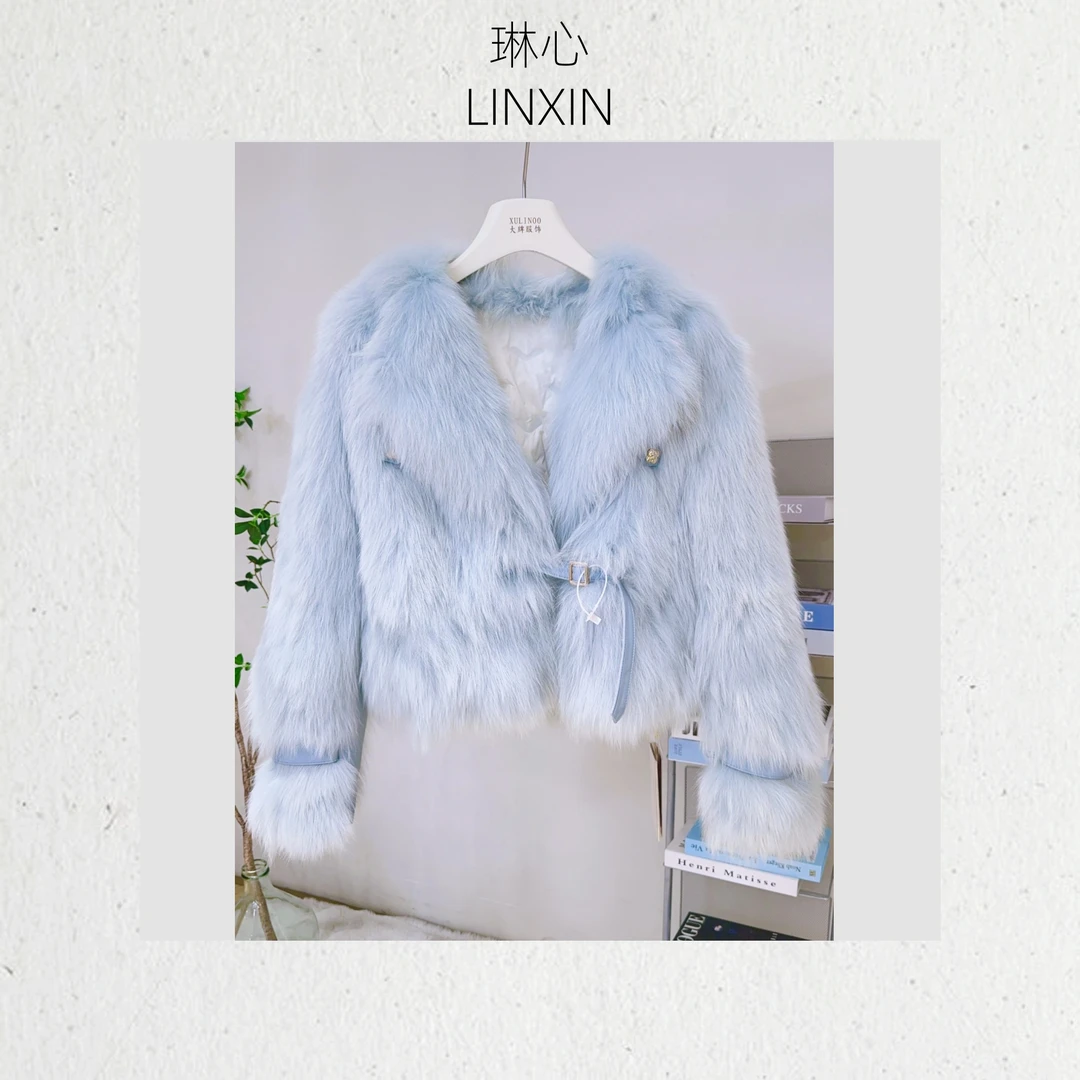 丨冰川蓝丨2024冬季新款轻奢短款方领蓝色短外套女冬季 0750