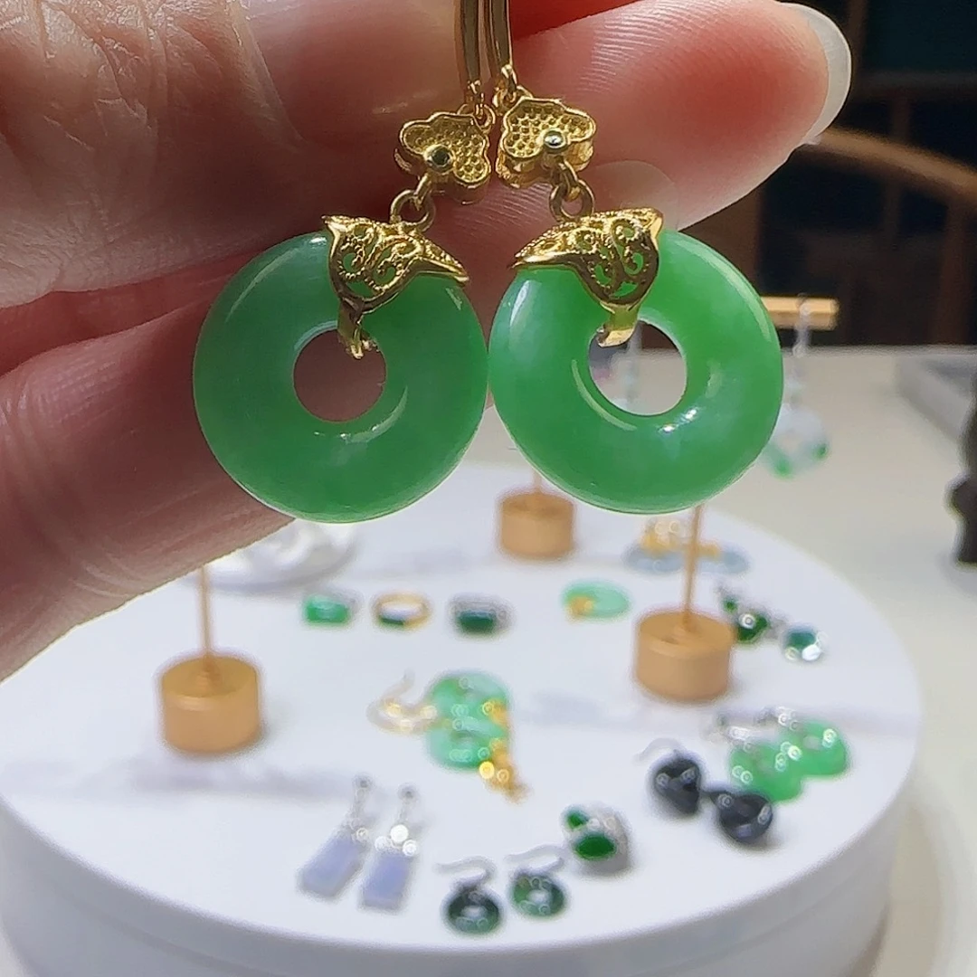 翡翠耳饰银S925镶嵌天然缅甸a货翡翠