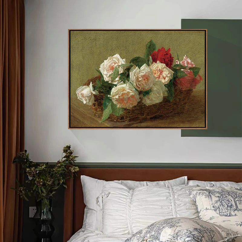一篮玫瑰  玫瑰花艺术挂画客厅玄关装饰画实木框手工肌理复古油画