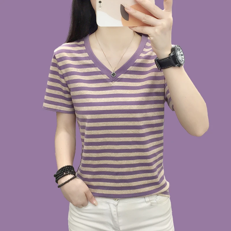 棉质短袖t恤女条纹上衣服今年新款夏季宽松大码显瘦洋气体恤半袖
