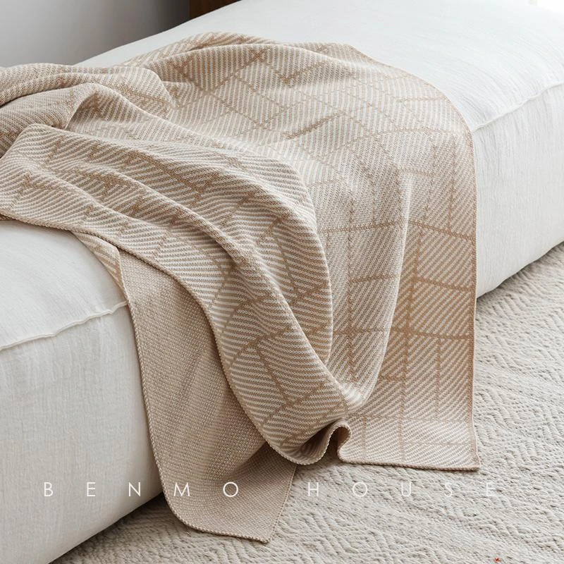 现代简约四季毛线沙发装饰毯针织盖毯午睡毛毯样板间软装搭巾卡其