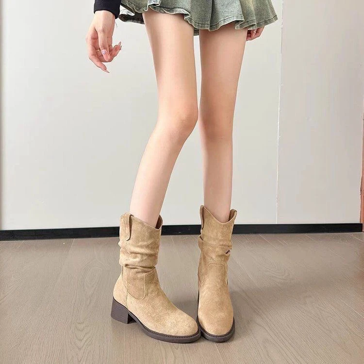 2025新款美拉德马丁靴女秋冬季中筒显瘦增高堆堆靴女粗跟短靴子潮