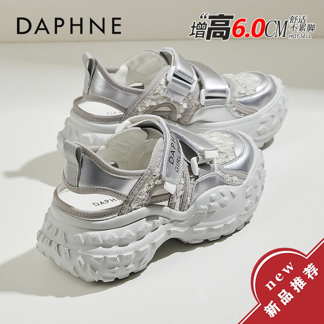 达芙妮玛丽珍运动凉鞋女2025夏季新款银色镂空透气魔术贴包头凉鞋