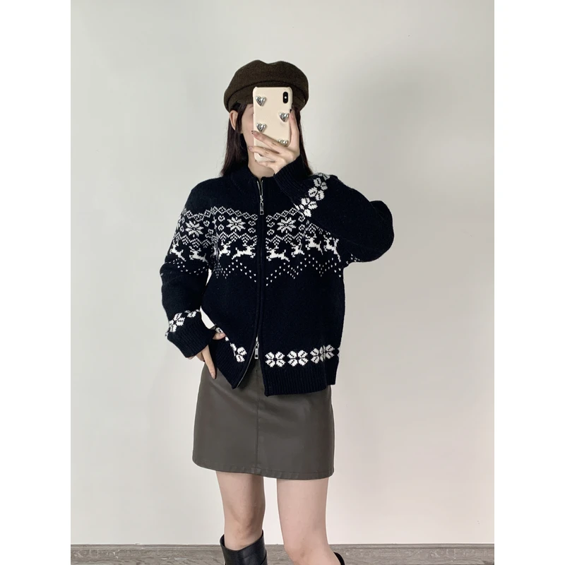 CHUAN BAI 秋冬拉链费尔岛经典复古花纹针织长袖套头衫-6720