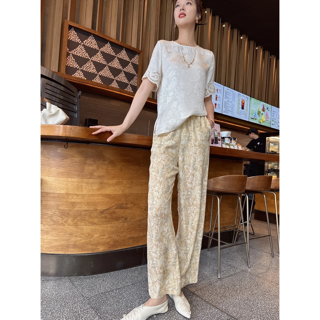 【深圳罗依】原创真丝休闲裤女金线桑蚕丝长裤冠乐绉提花宽松直筒裤