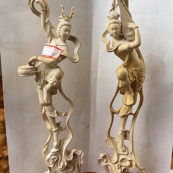 黄杨木敦煌飞天23cm摆件一对