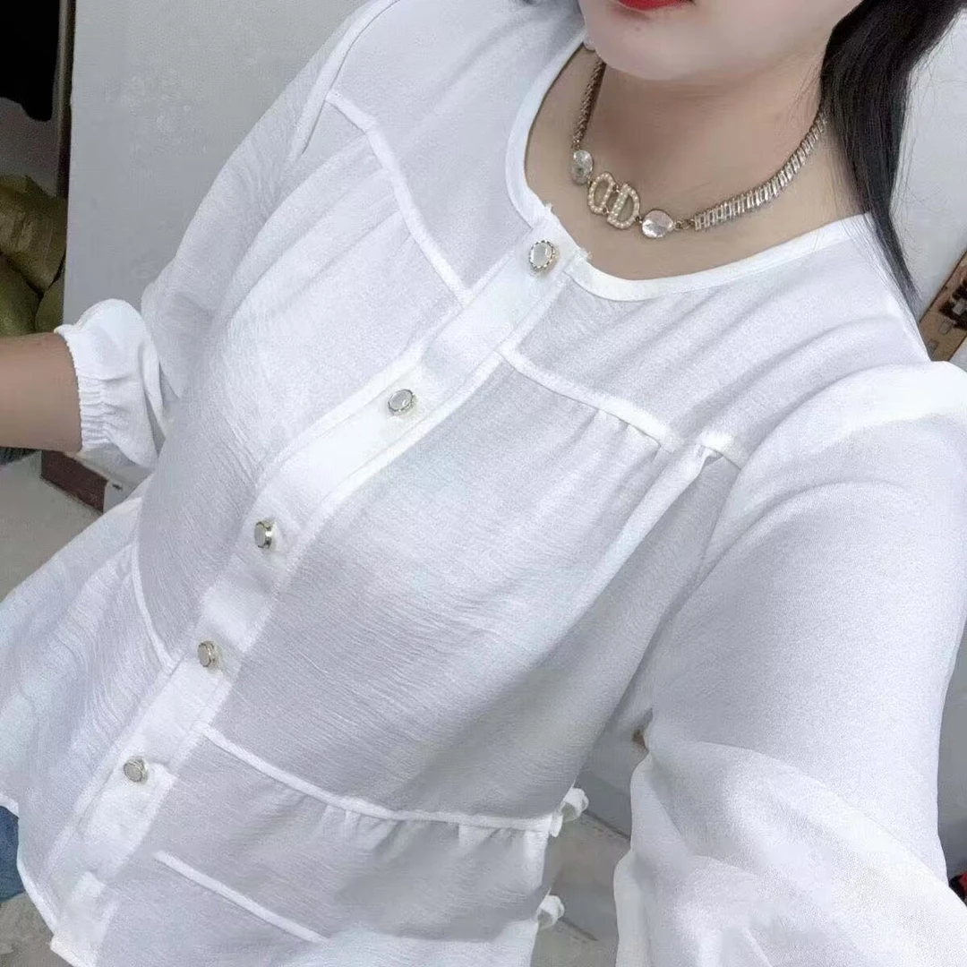 气质白色法式衬衫七分短袖开衫2025设计初秋外穿宽松衬衣上衣薄款