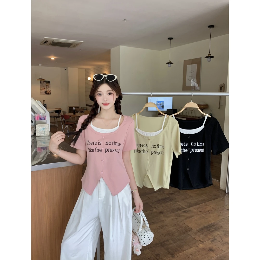 2025夏大码时尚百搭假两件短袖T恤微胖mm显瘦百搭气质上衣64725