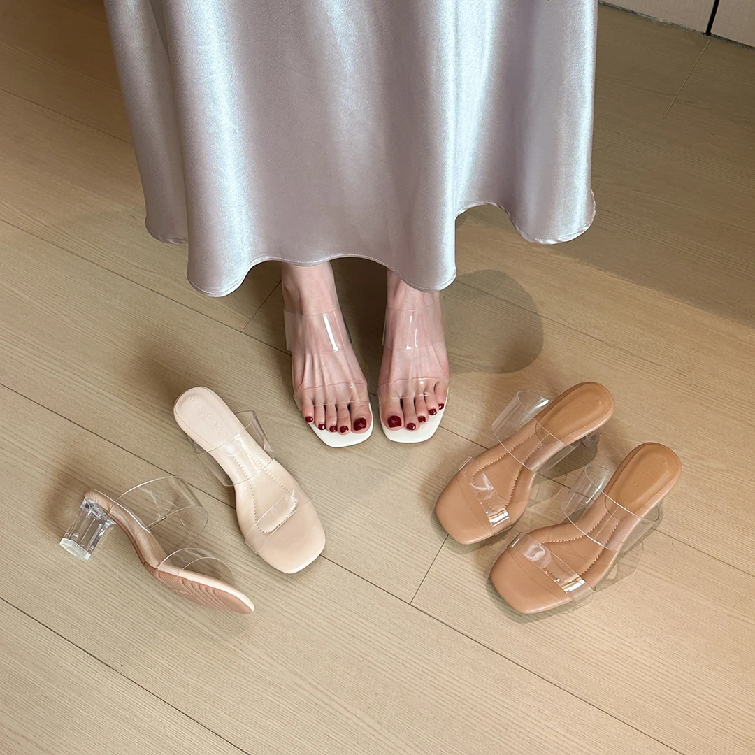 透明高跟鞋女新款夏季透明粗跟踩屎感一字带露趾凉半拖外穿凉鞋