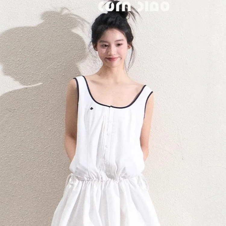 美式辣妹运动休闲时髦无袖花苞连衣裙女夏季气球气泡裙子白色背心