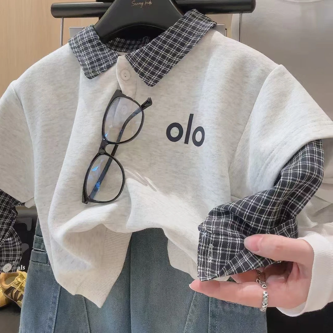 2025秋季新款polo领男童韩系假两件卫衣洋气上衣