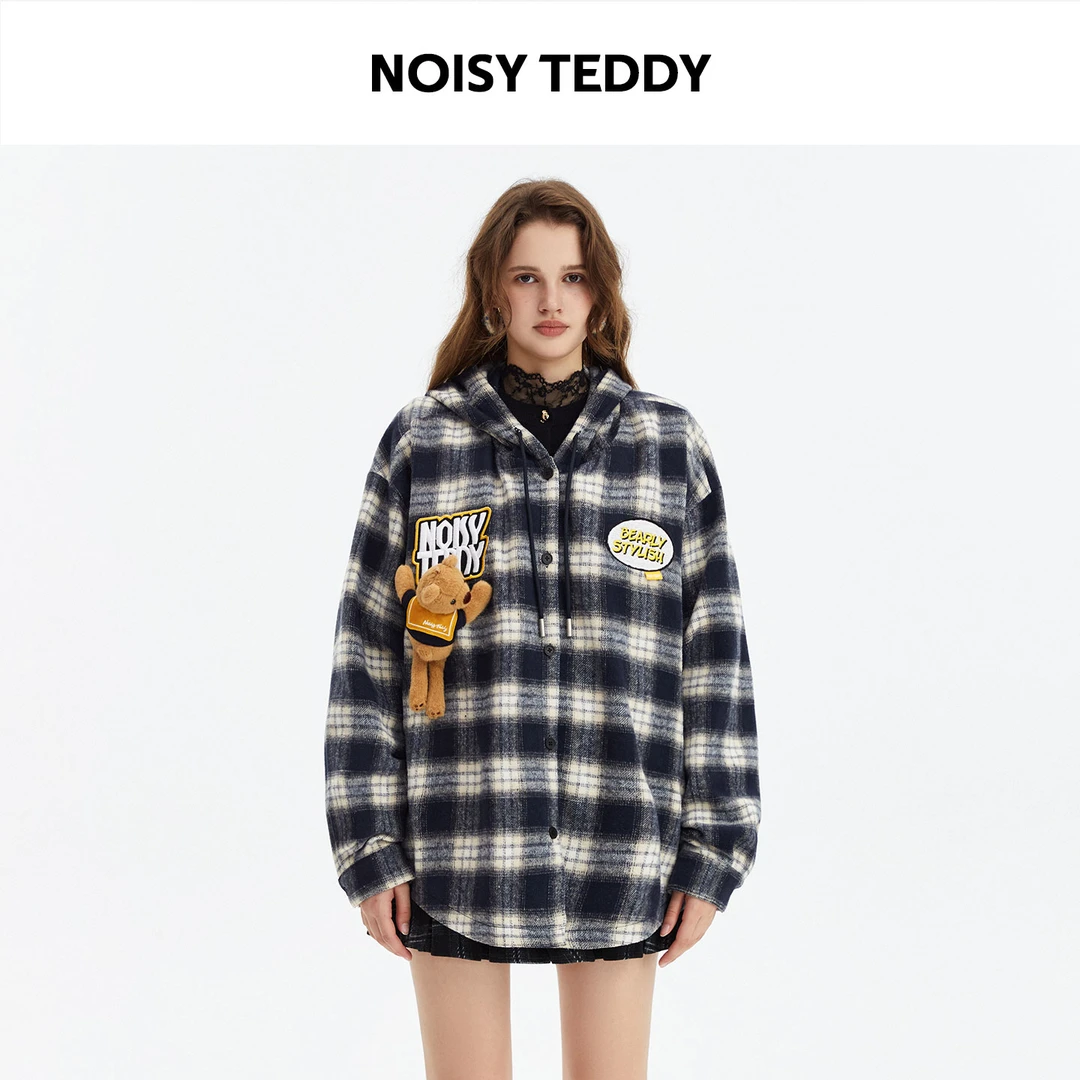 前野买手款Noisy Teddy男女同款冬季复古格子长袖连帽外套宽松