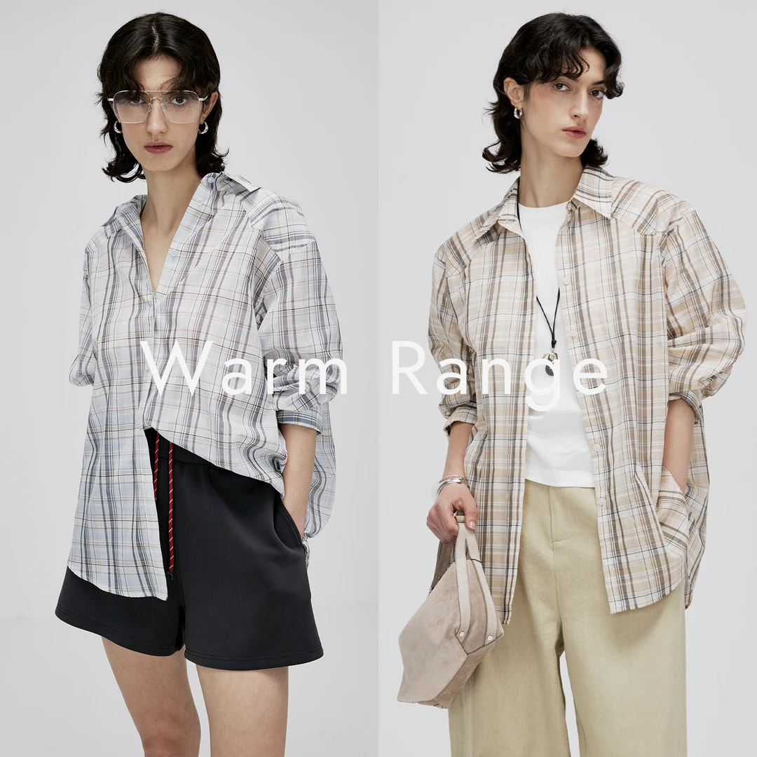Warm Range 微透宽松简约格纹衬衫夏季外搭设计感复古长袖衬衣女