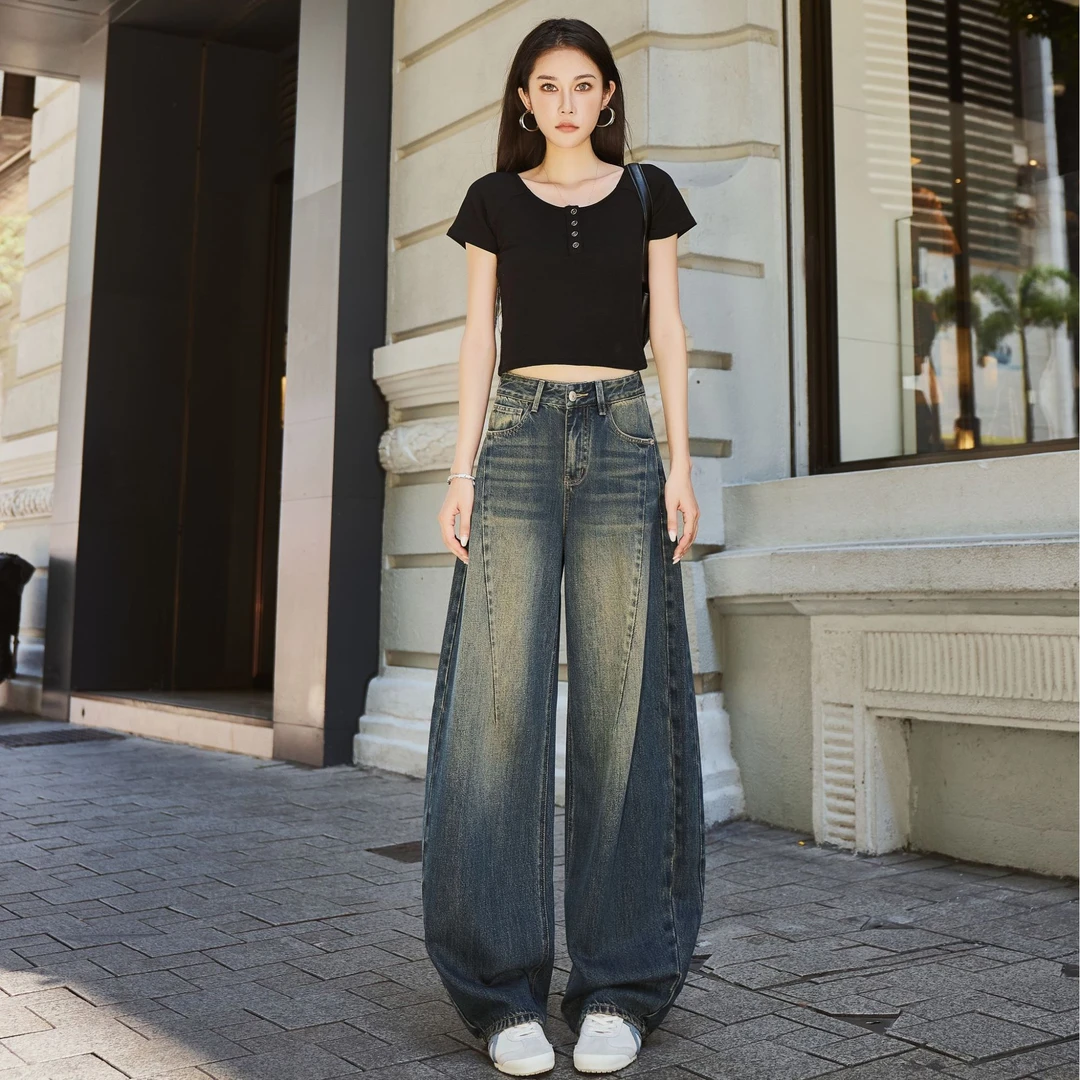 【怀旧蓝】秋季新款美式复古高腰宽松显瘦女弯刀牛仔裤Z0039
