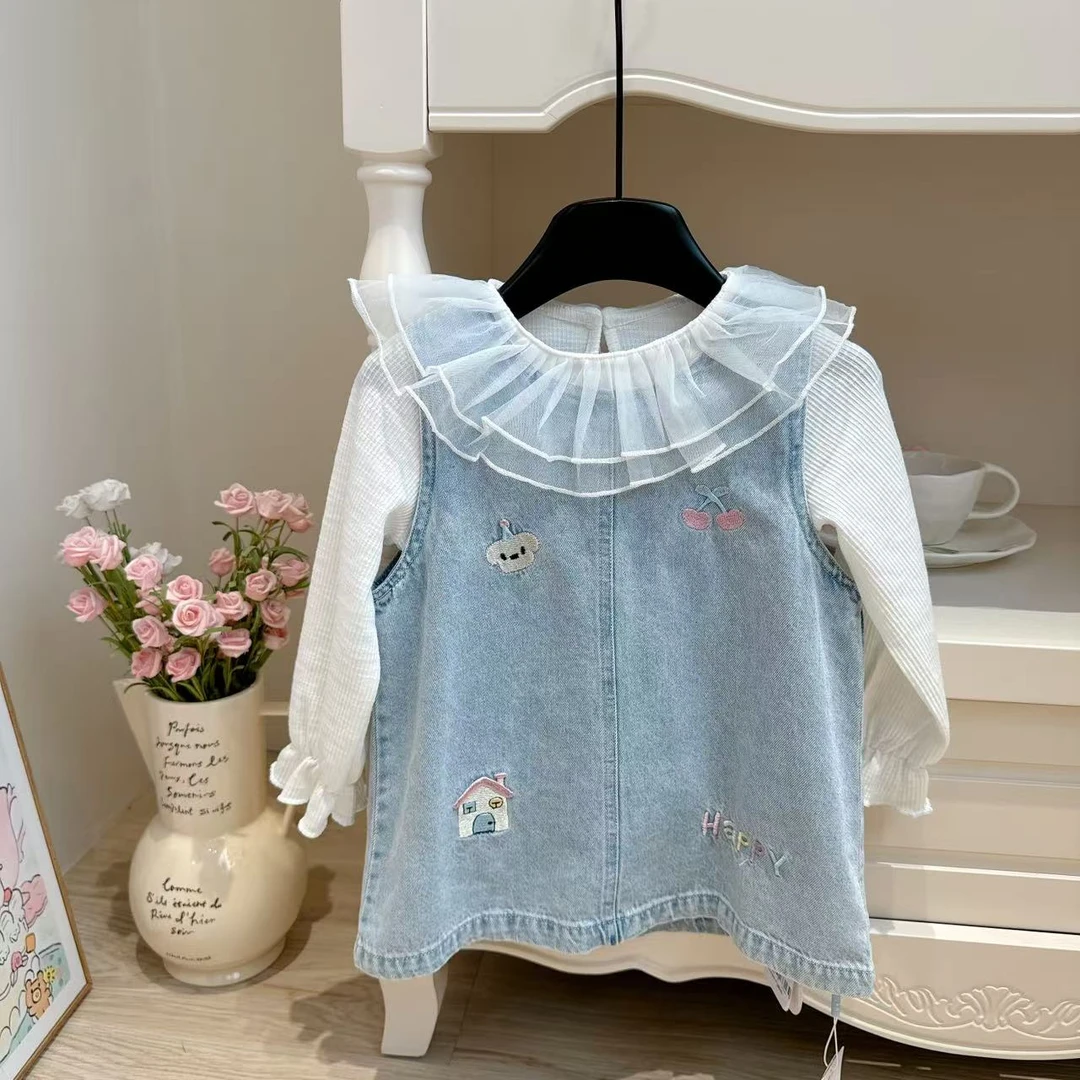 韩版女童卡通刺绣牛仔马甲裙