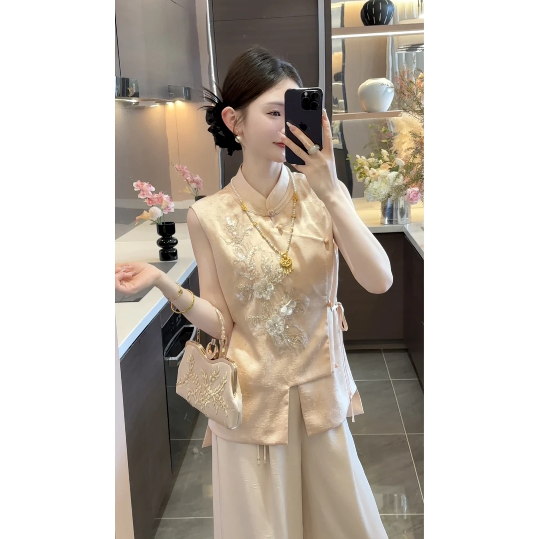 【周粥】【贵气养人】2025新款夏季重工亮片钉珠缎面上衣预JJX5SY2679