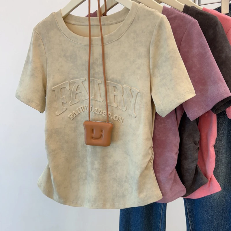 大码美式复古收腰褶皱扎染短袖t恤夏季新款胖mm显瘦遮肉上衣半袖