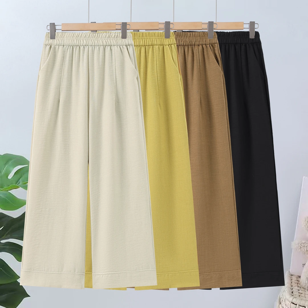 2025年夏季新款休闲裤九分裤纯色松紧腰阔腿裤妈妈宽松裤透气遮肚