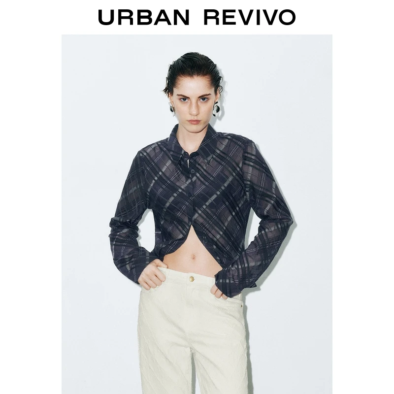 UR2026春季新款女装复古格纹纽扣长袖开襟衬衫UWM250117+