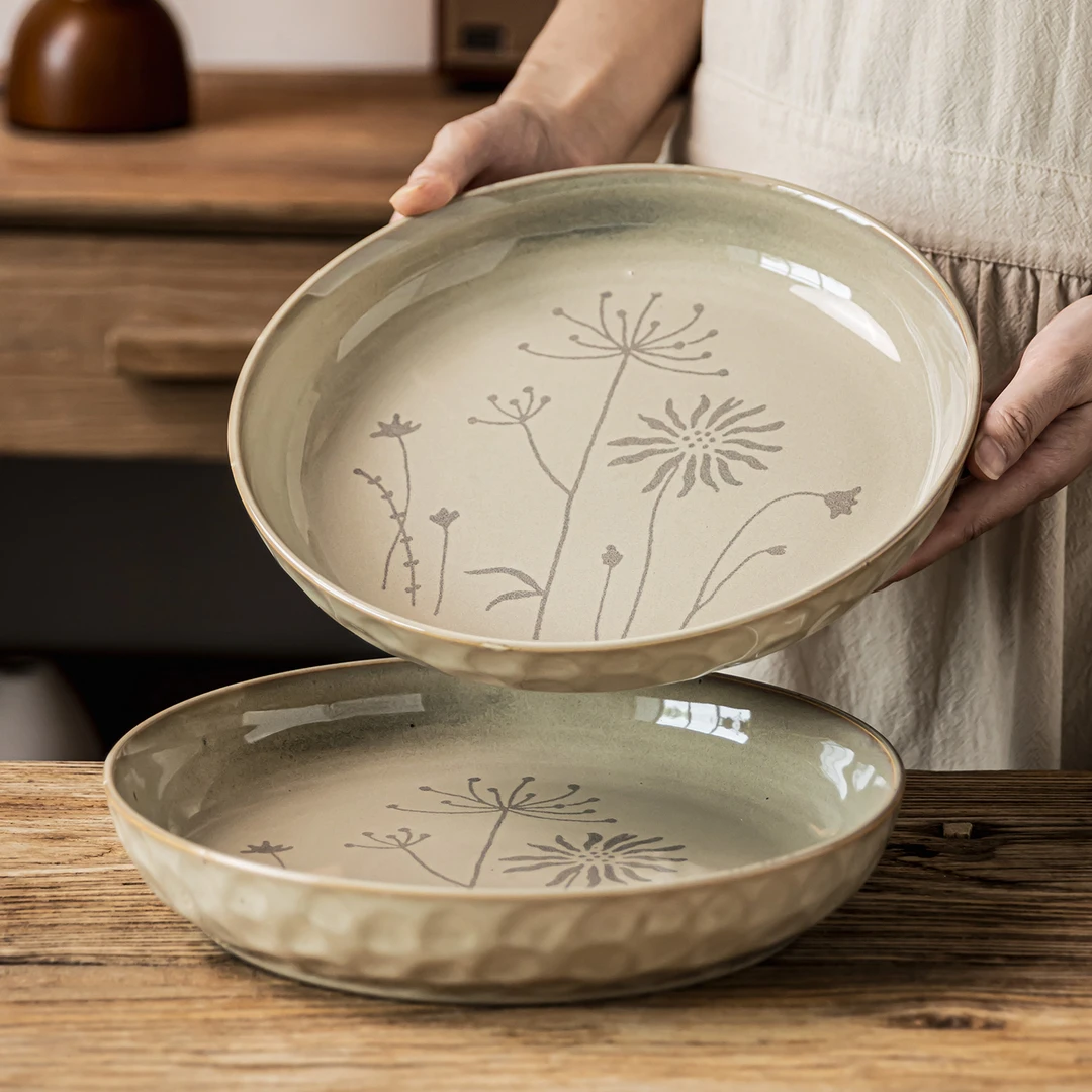 日式复古陶瓷盘家用餐具圆形深盘菜盘水果盘实用大盘西餐盘百搭盘