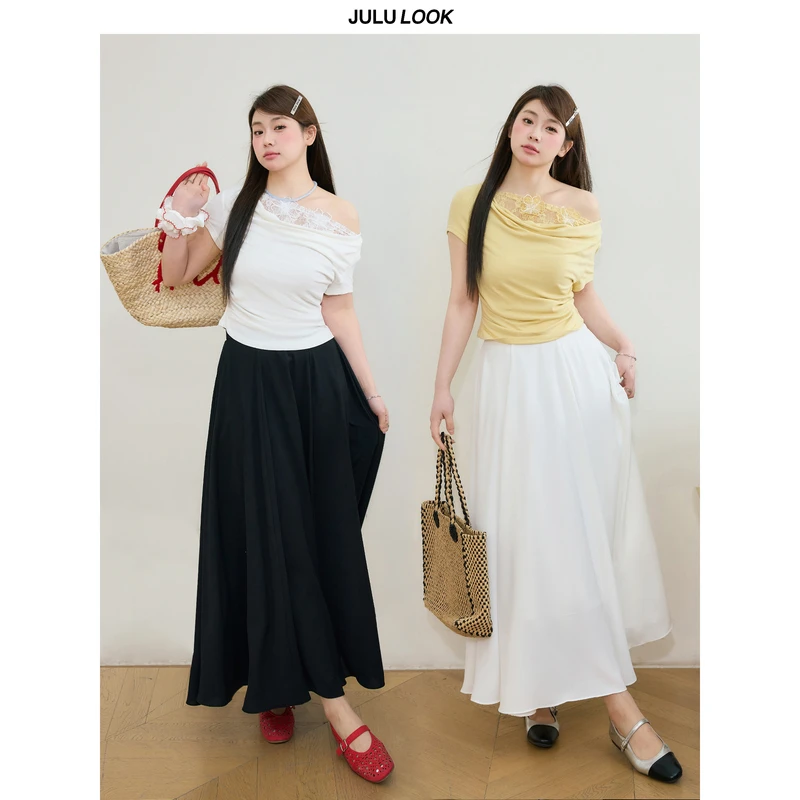 巨鹿工作室“盘靓条顺”微胖mm高腰显瘦压褶长半裙/斜肩蕾丝拼接T恤