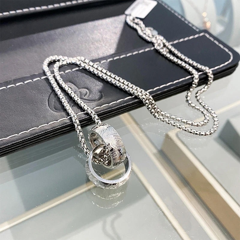 CK 钛钢项链 复古火腿纹雕花双环项链不褪色毛衣链时尚情侣礼物