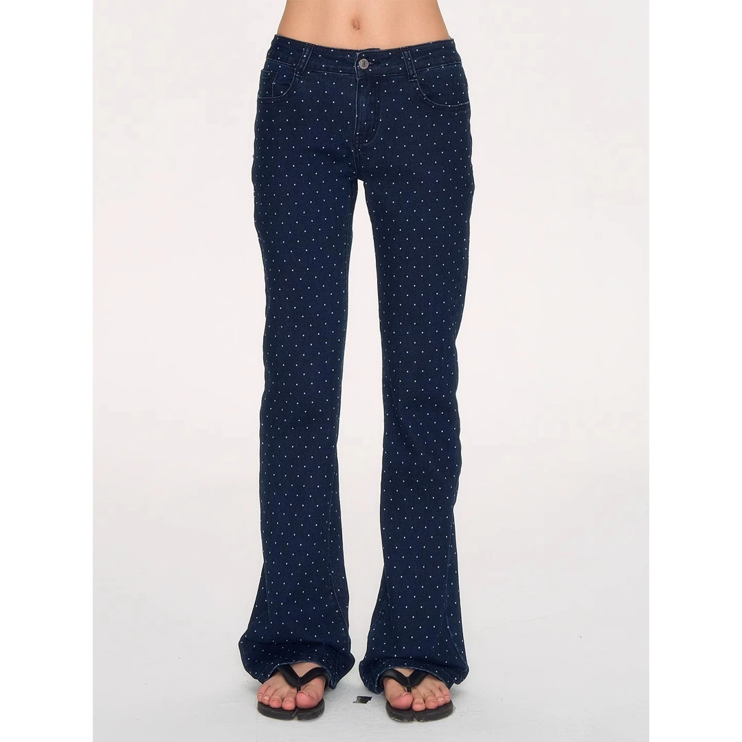 NECY 原创波点满印微喇长裤夏季碎花休闲裤修身显瘦直筒牛仔裤女