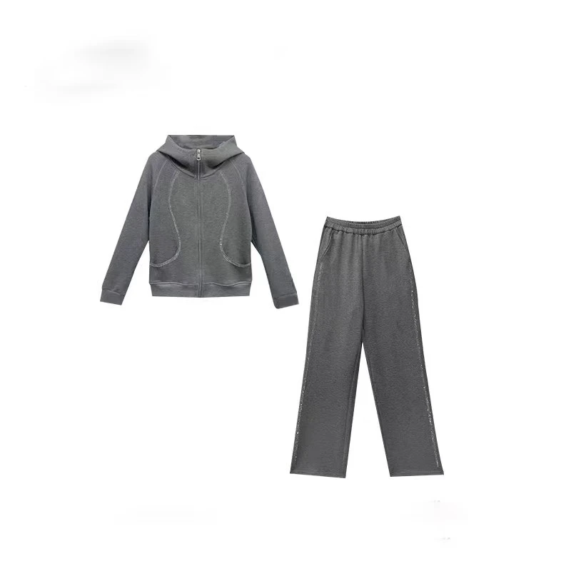 0565运动早春2025新款休闲气质百搭设计感拉链卫衣两件套装宽松灰