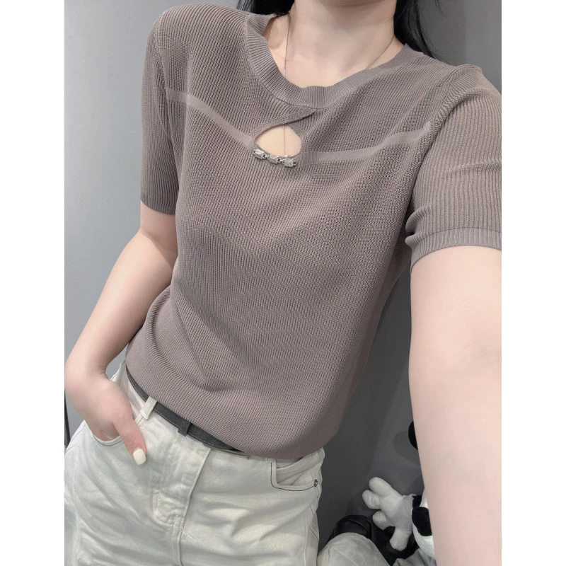 夏新款性感镂空冰丝针织衫短袖女高级感洋气百搭修身显瘦欧货上衣