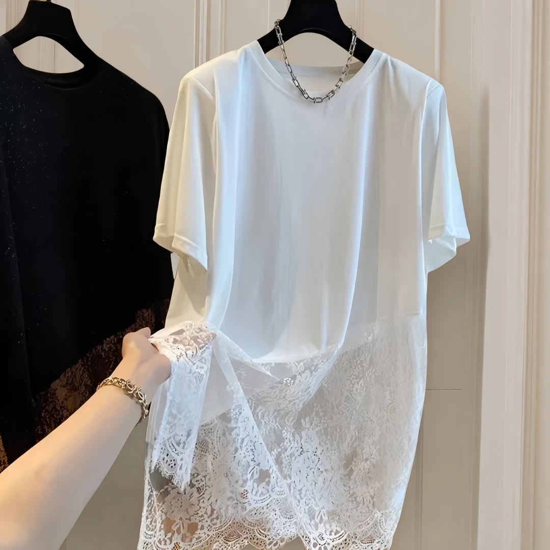 2025夏季拼接网纱短袖大码设计感宽松外穿上衣S125310