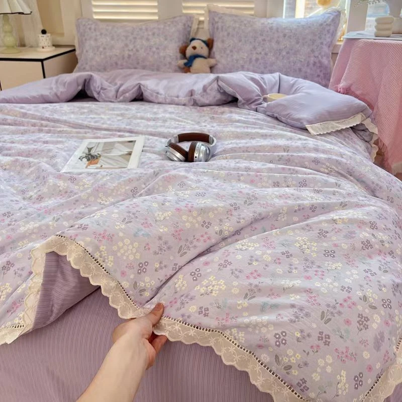 【柔棉】.-皱皱双层纱母婴级全棉花边床上四件套学生宿舍软透气被套