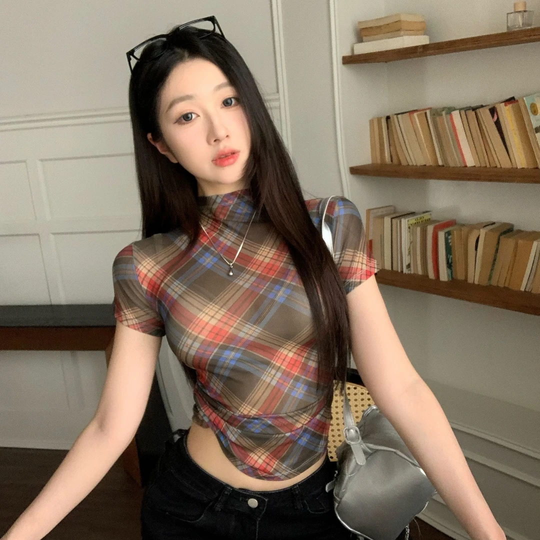 【青仓】欧若风复古格子短袖正肩T恤女网纱微透辣妹褶皱上衣25035