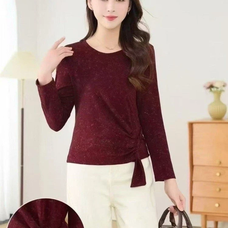 圆领纯色妈妈装上衣不对称上衣大码韩版t恤女士常规宽松型打底衫