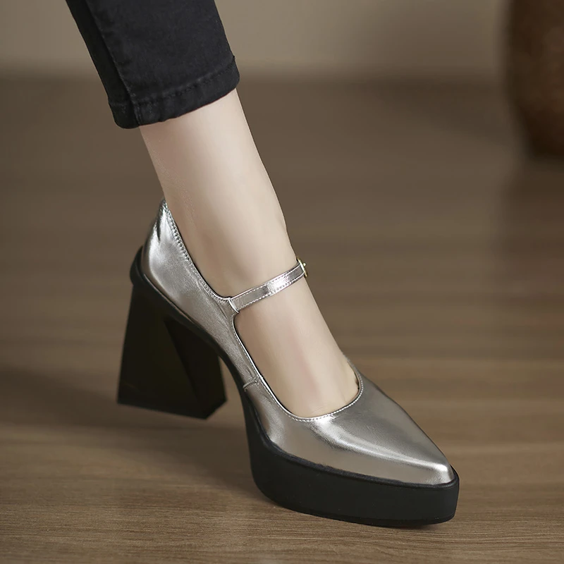 小个子增高10.3cm新款玛丽珍高跟鞋一字带尖头粗跟浅口单鞋高级感